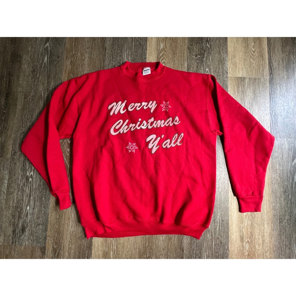 Starter Sweatshirt Unisex Large Red Merry Christmas Y'all Vintage Made in USA